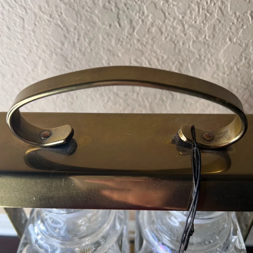 Mid-Century Brass Locking Scotch & Rye Decanter Set w/ Caddy and Keys